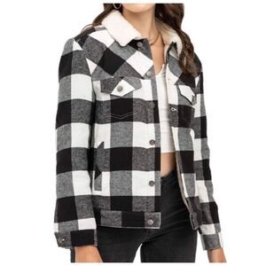 NWOT Love Tree Black & White Plaid Sherpa Interior Fall Bomber Jacket Women's L